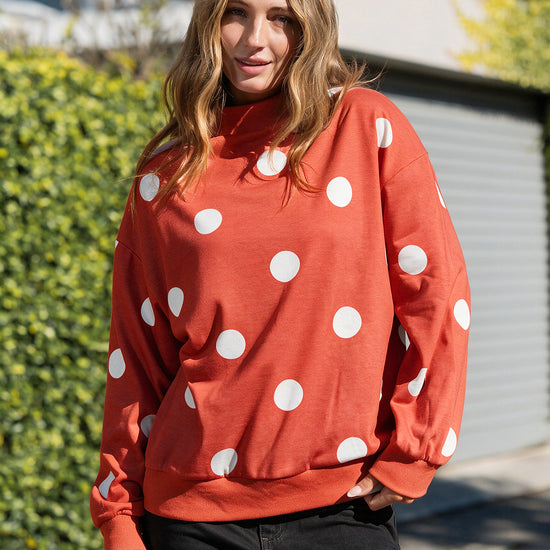 Mock Neck Long Sleeve Polka Dot Sweatshirts - Fisoew