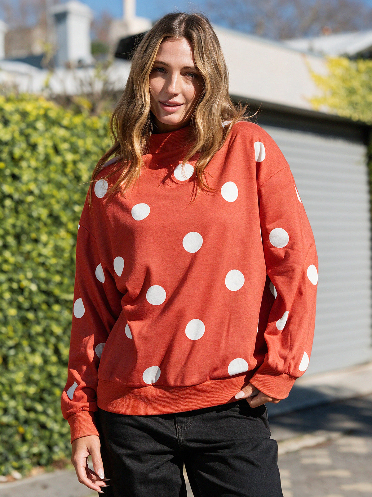 Mock Neck Long Sleeve Polka Dot Sweatshirts - Fisoew