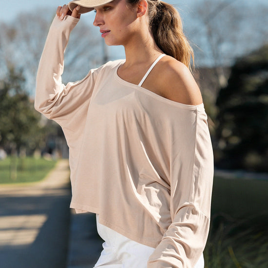Off Shoulder Solid Long Sleeve T-Shirts - Fisoew