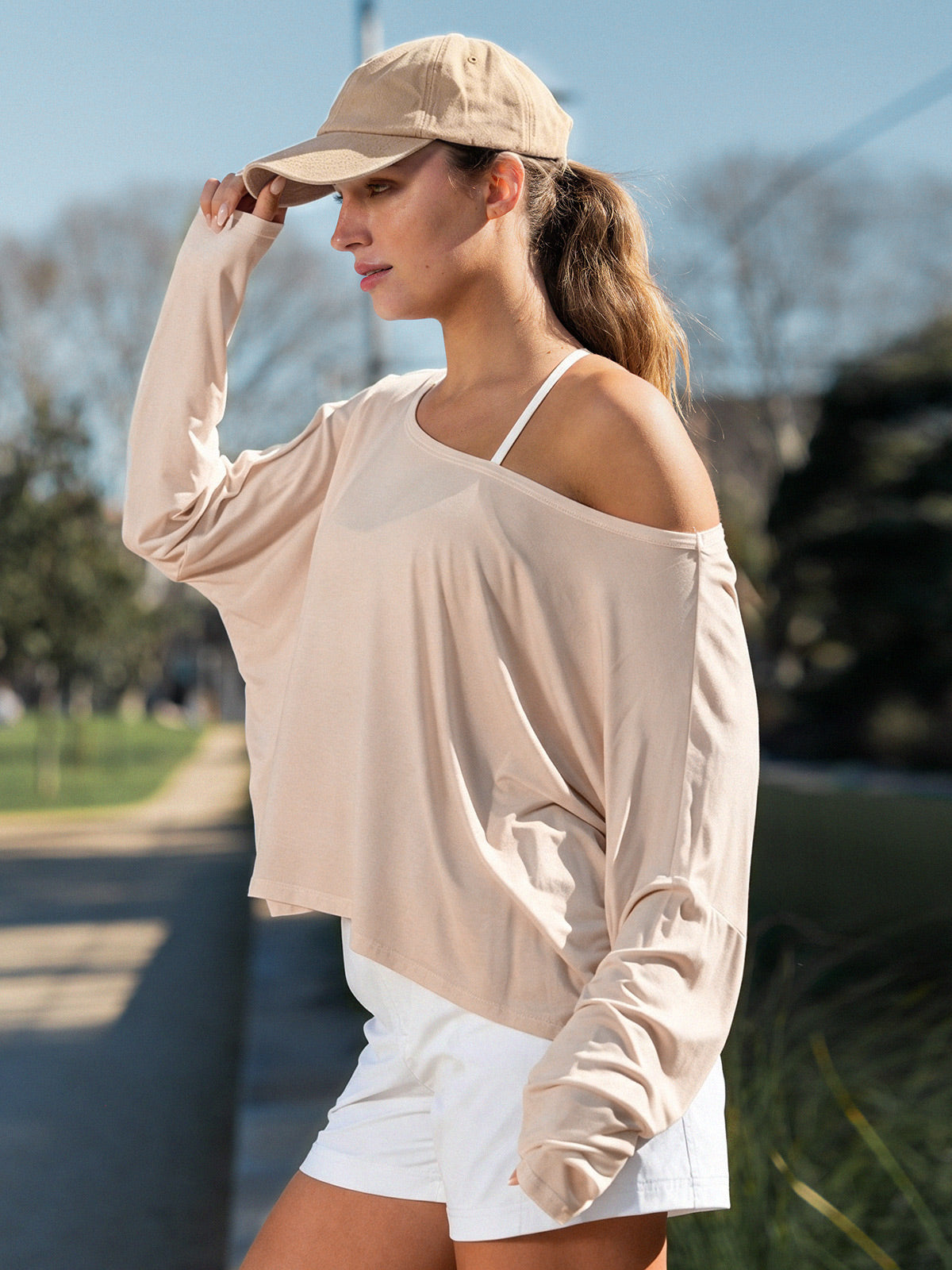 Off Shoulder Solid Long Sleeve T-Shirts - Fisoew