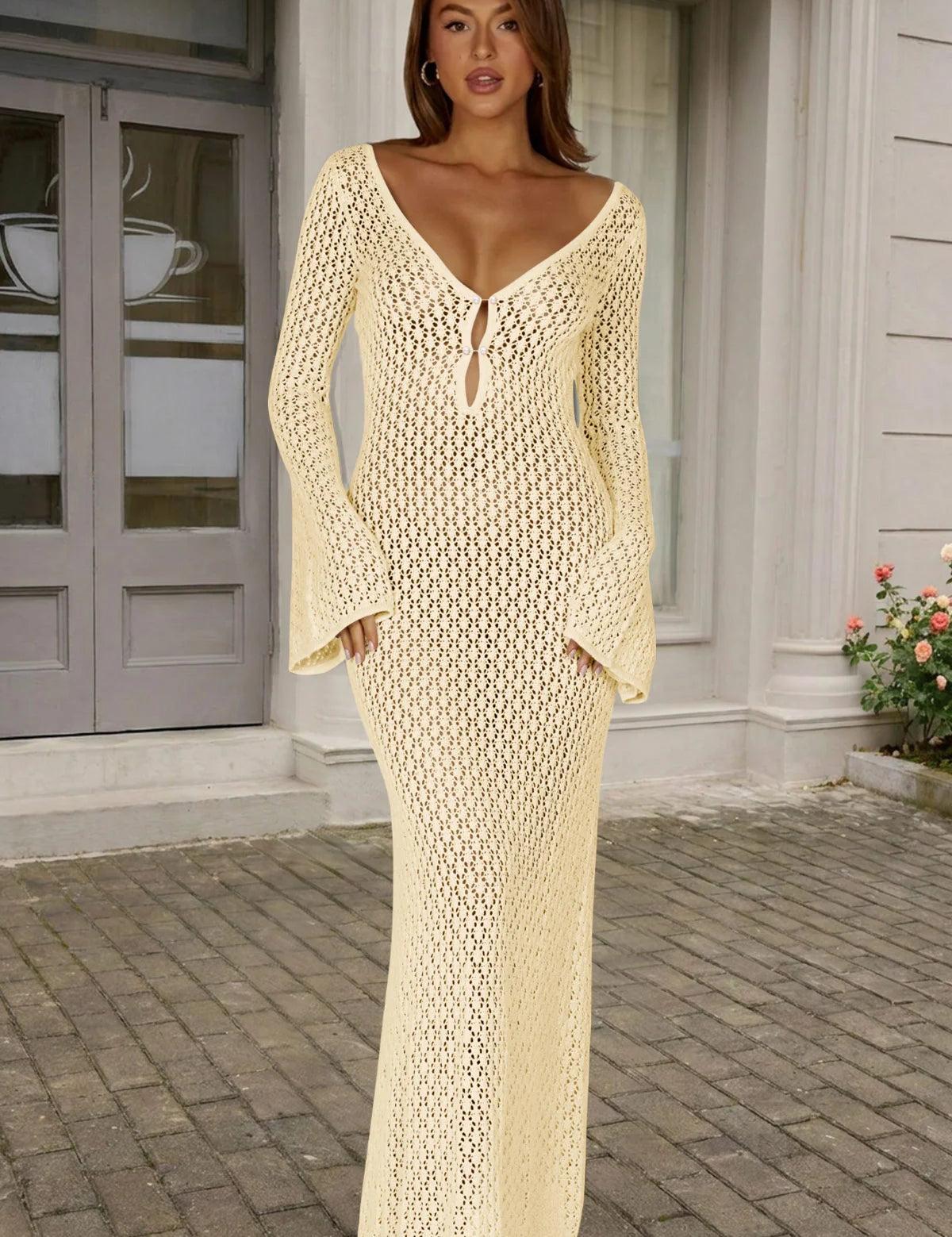 Fisoew Women's Off-white Long Sleeve Sexy Bodycon Summer Knit Dresses - Fisoew
