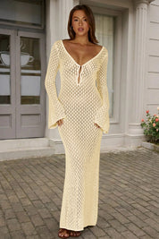 Fisoew Women's Off-white Long Sleeve Sexy Bodycon Summer Knit Dresses - Fisoew