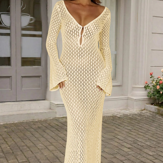 Fisoew Women's Off-white Long Sleeve Sexy Bodycon Summer Knit Dresses - Fisoew