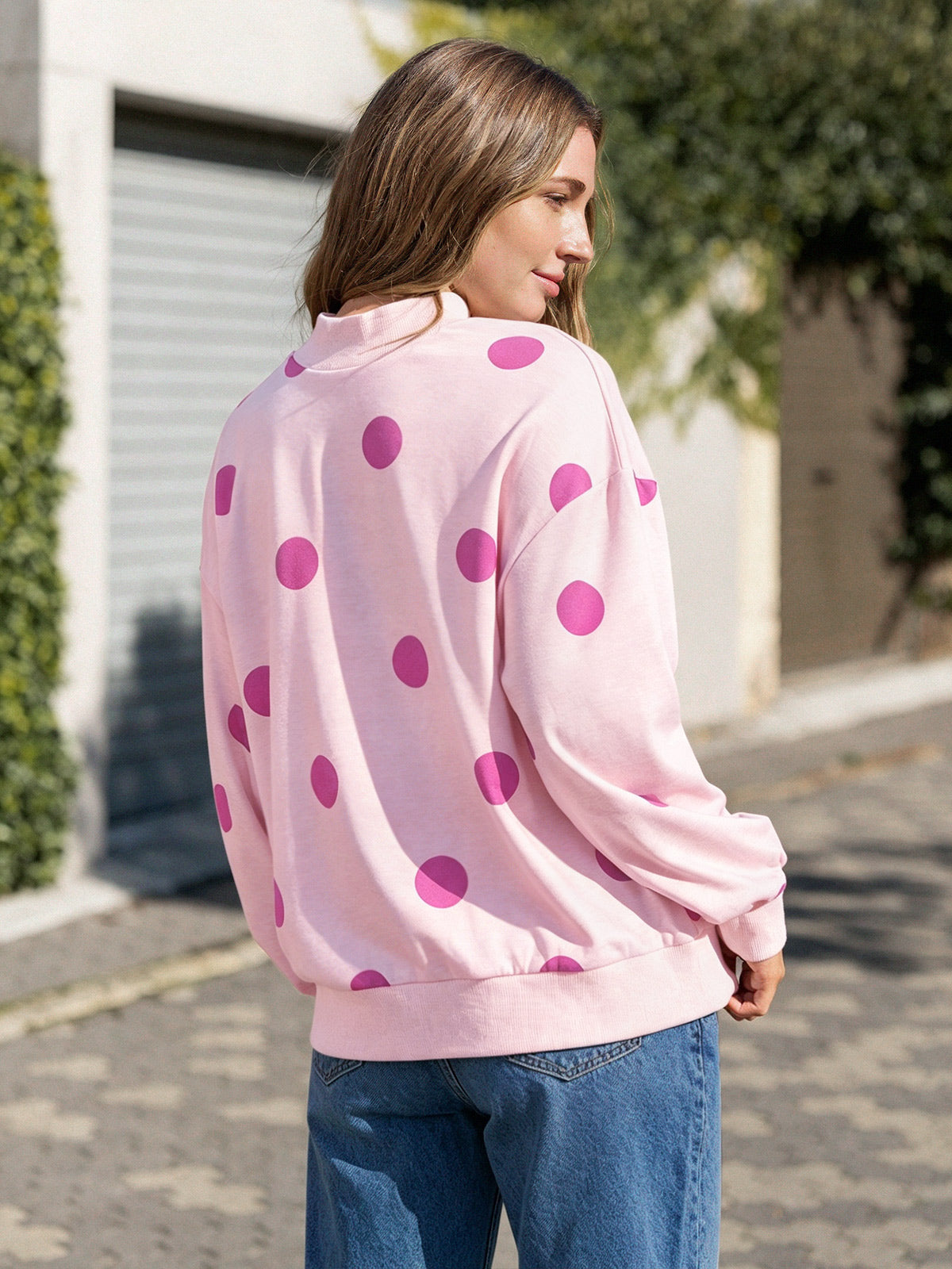 Mock Neck Long Sleeve Polka Dot Sweatshirts - Fisoew