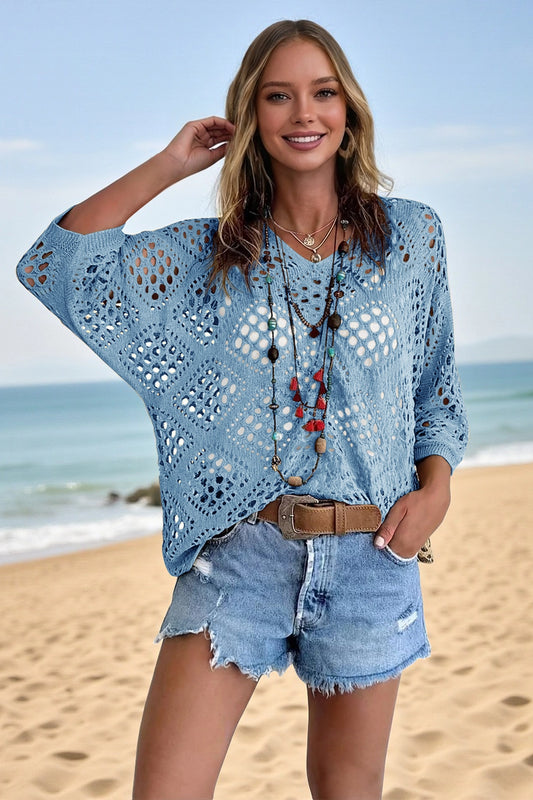 Womens Blue Summer Short Sleeve Crochet Swimsuit Fisoew - Fisoew
