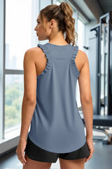 Fisoew Women's Bluish Gray Ruffle Sleeveless  Black Racerback Workout Tank Tops