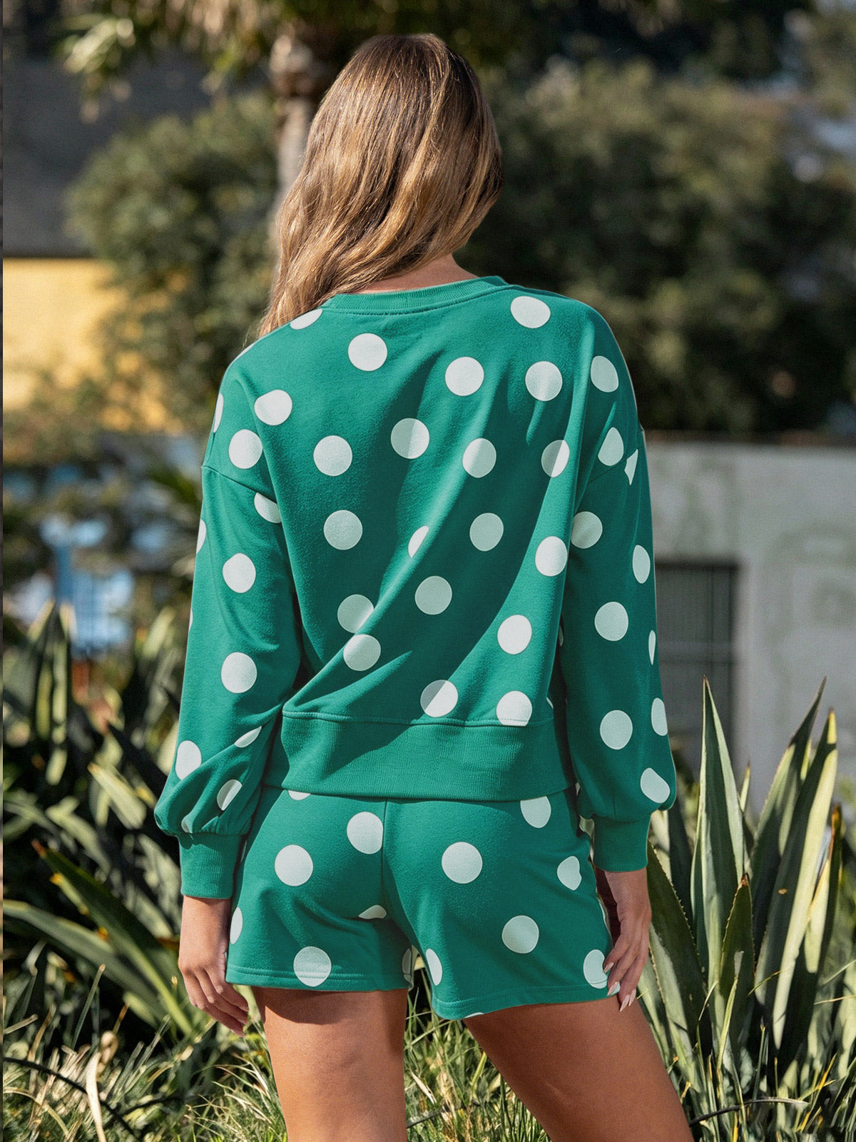 Polka Dot Sweatshirts With Short Sets - Fisoew
