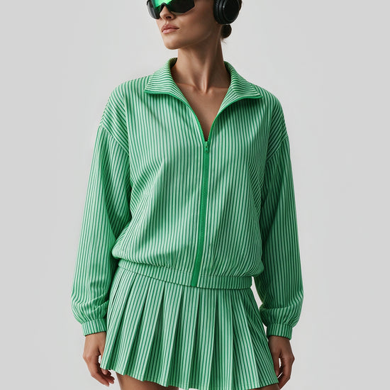 Stripe Zipper Jacket With Pleated Skirt Sets - Fisoew