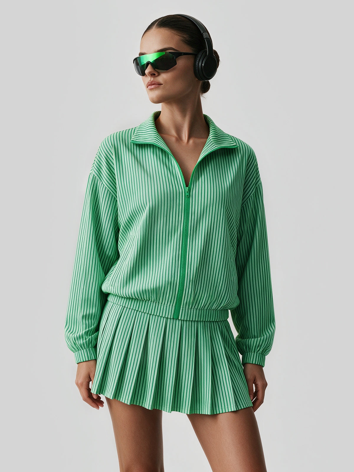 Stripe Zipper Jacket With Pleated Skirt Sets - Fisoew