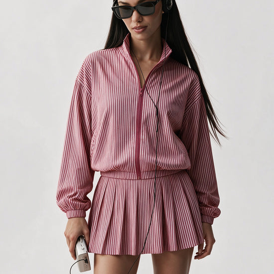 Stripe Zipper Jacket With Pleated Skirt Sets - Fisoew