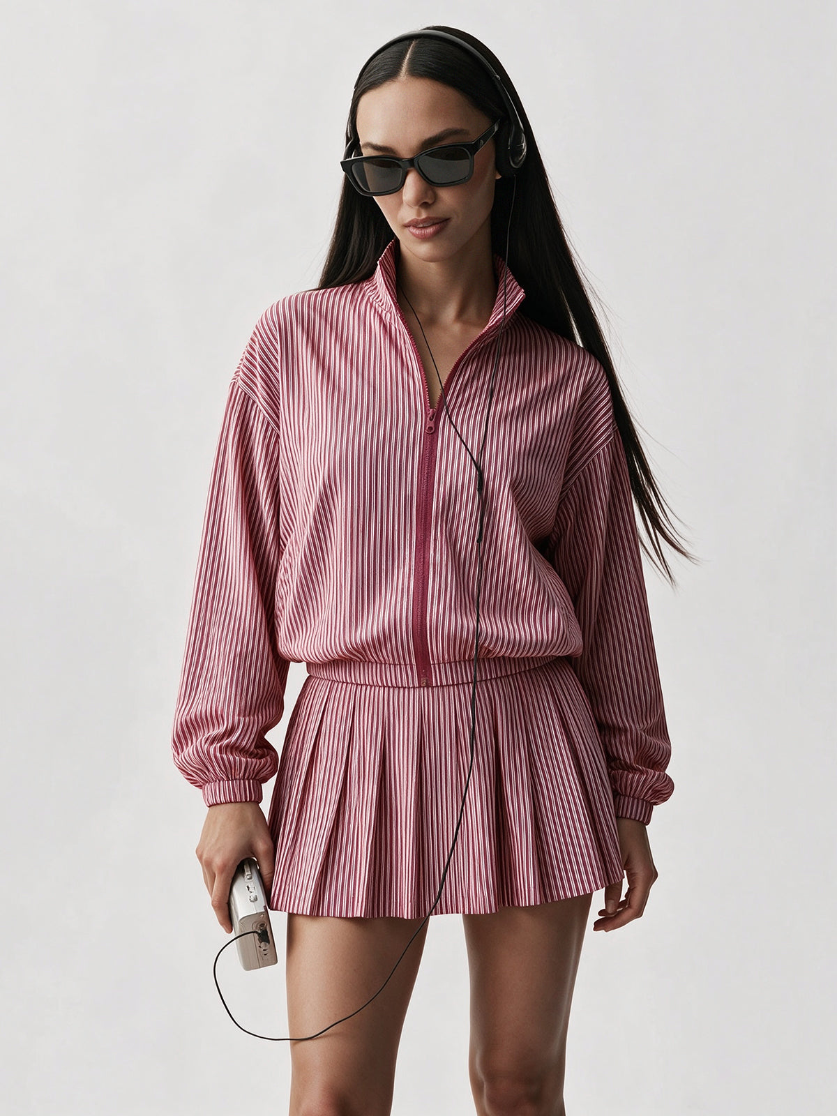 Stripe Zipper Jacket With Pleated Skirt Sets - Fisoew