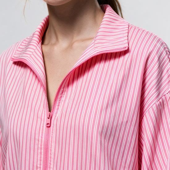 Stripe Zipper Jacket With Pleated Skirt Sets - Fisoew