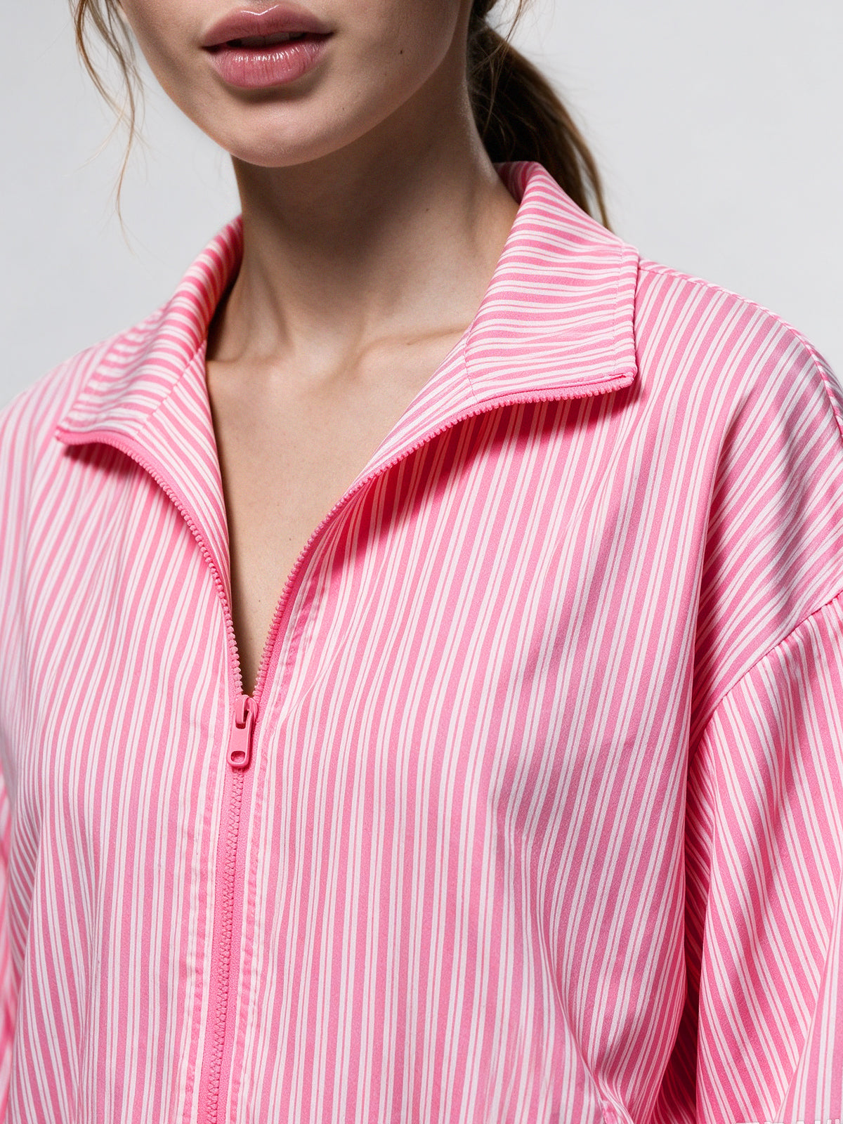 Stripe Zipper Jacket With Pleated Skirt Sets - Fisoew