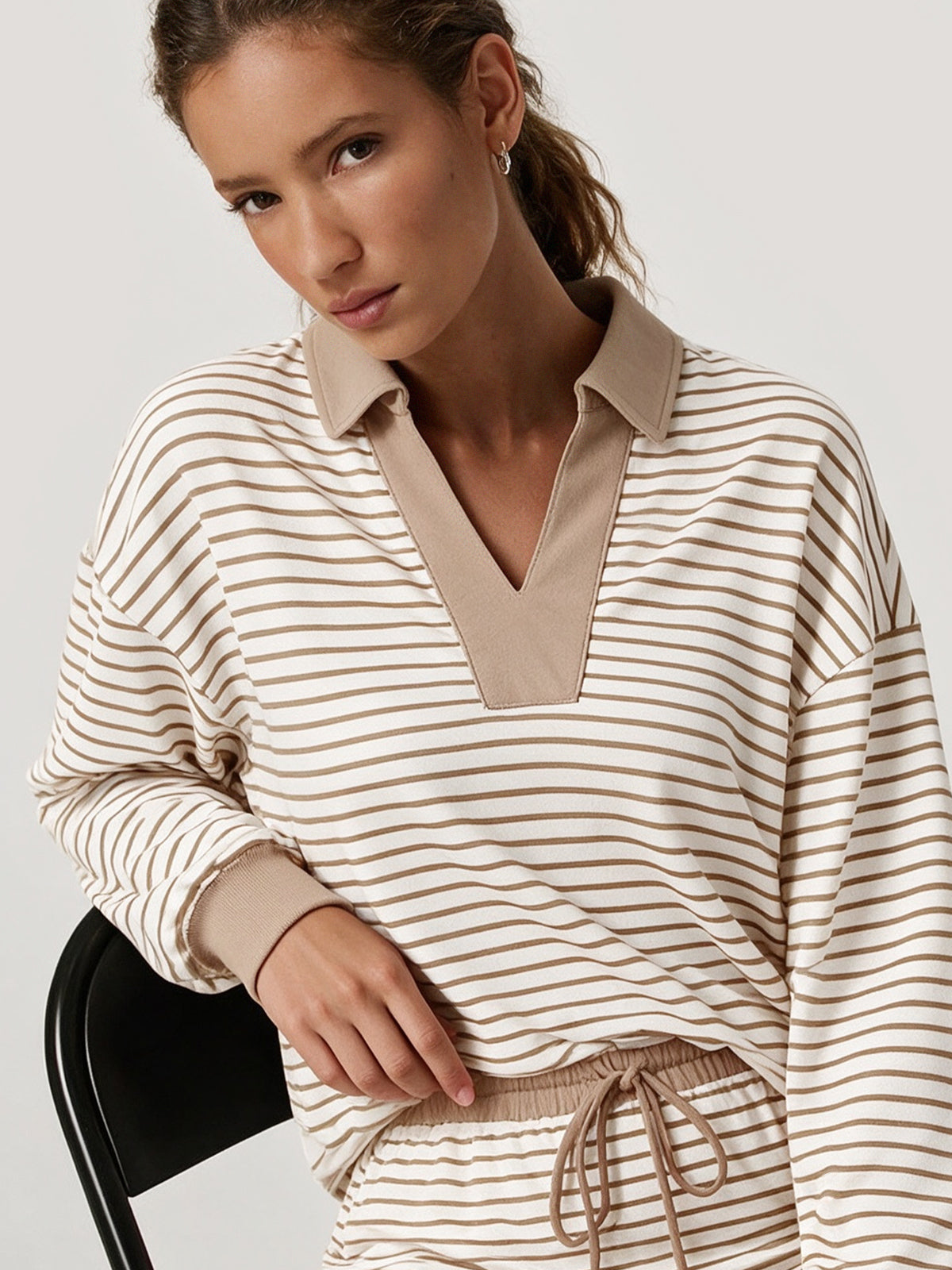 Womens Khaki Striped 2 Piece Outfits Fisoew - Fisoew