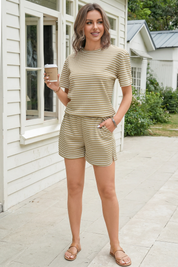 Womens khaki Striped Knit 2-Piece Short Sleeve Loungewear Set Fisoew - Fisoew