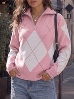 Quarter Zip Fall Argyle Knit Pullovers