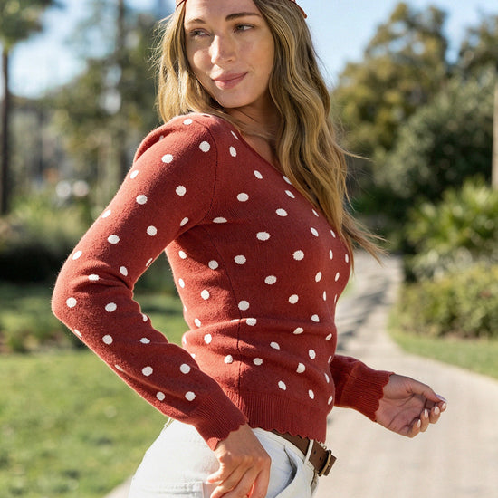 Polka Dot Slim Fit Knit Long Sleeve Tops - Fisoew