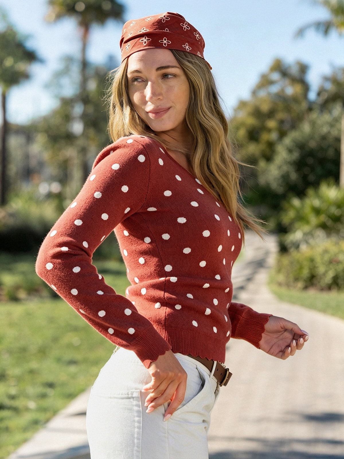 Polka Dot Slim Fit Knit Long Sleeve Tops - Fisoew