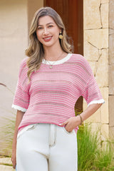 Fisoew Women's Pink Striped Cropped Knit Tops