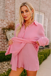Womens Pink Casual Button Down Long Sleeve Jumpsuit Fisoew - Fisoew