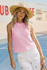 Fisoew Women's Pink Boho Crochet Sweater Vest