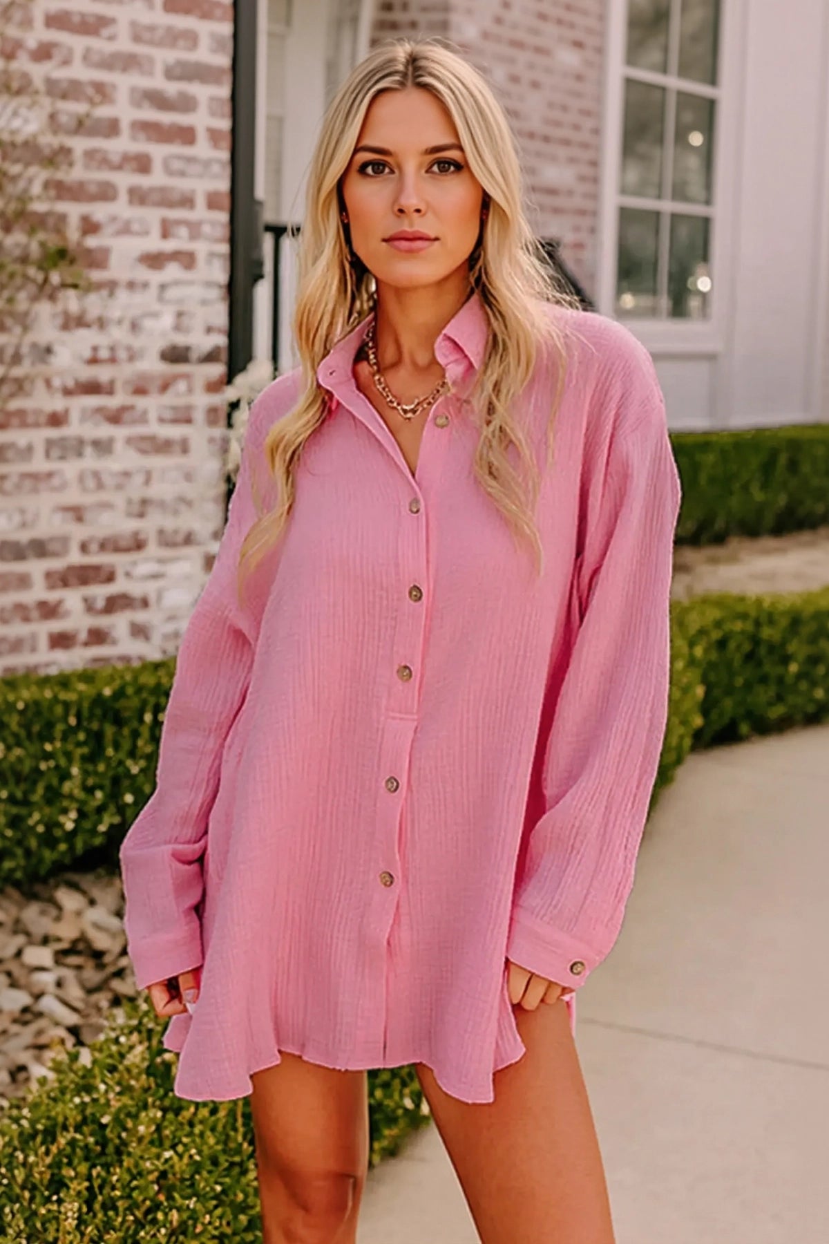 Womens Pink Casual Button Down Long Sleeve Jumpsuit Fisoew - Fisoew