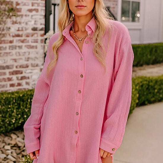 Womens Pink Casual Button Down Long Sleeve Jumpsuit Fisoew - Fisoew