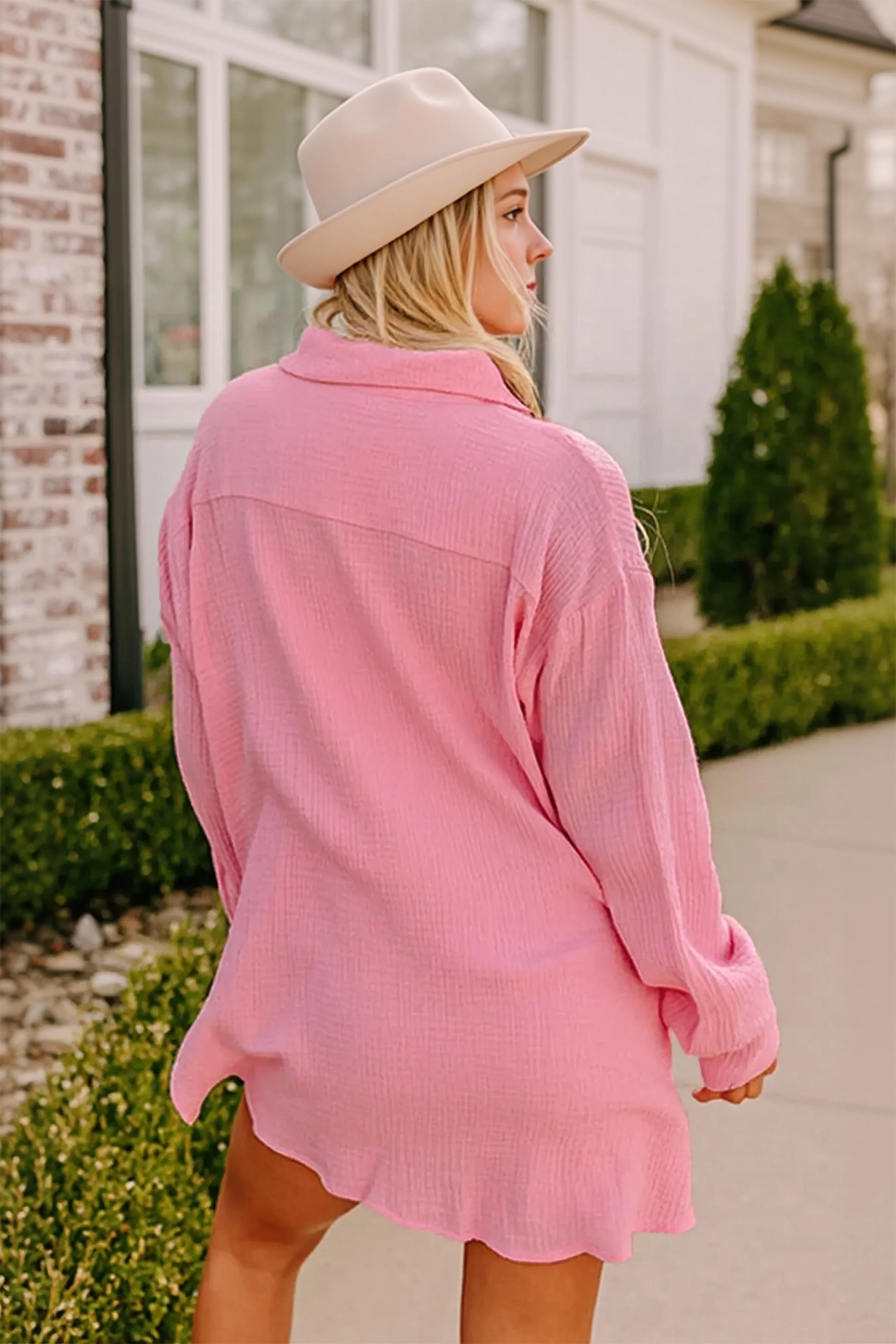 Womens Pink Casual Button Down Long Sleeve Jumpsuit Fisoew - Fisoew