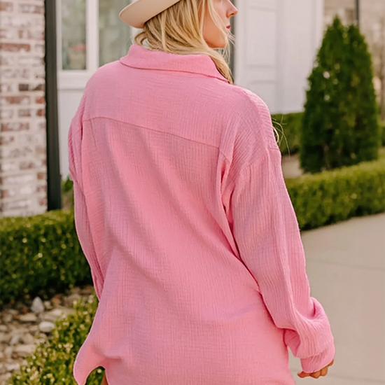 Womens Pink Casual Button Down Long Sleeve Jumpsuit Fisoew - Fisoew