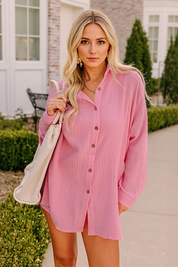 Womens Pink Casual Button Down Long Sleeve Jumpsuit Fisoew - Fisoew