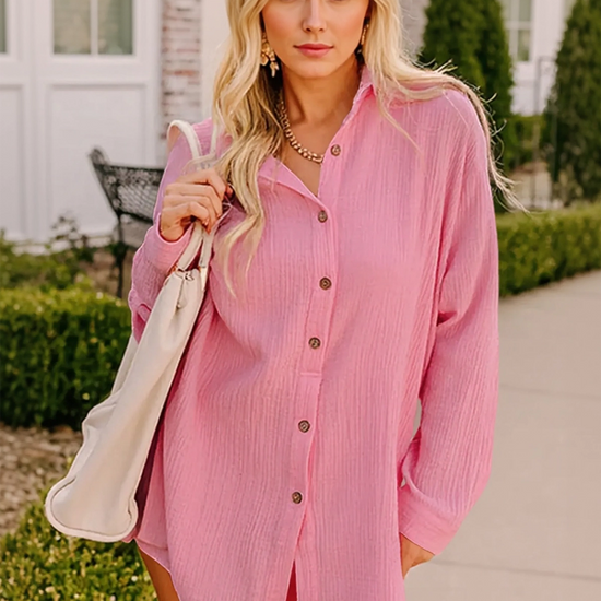 Womens Pink Casual Button Down Long Sleeve Jumpsuit Fisoew - Fisoew