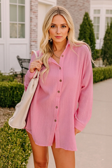 Womens Pink Casual Button Down Long Sleeve Jumpsuit Fisoew