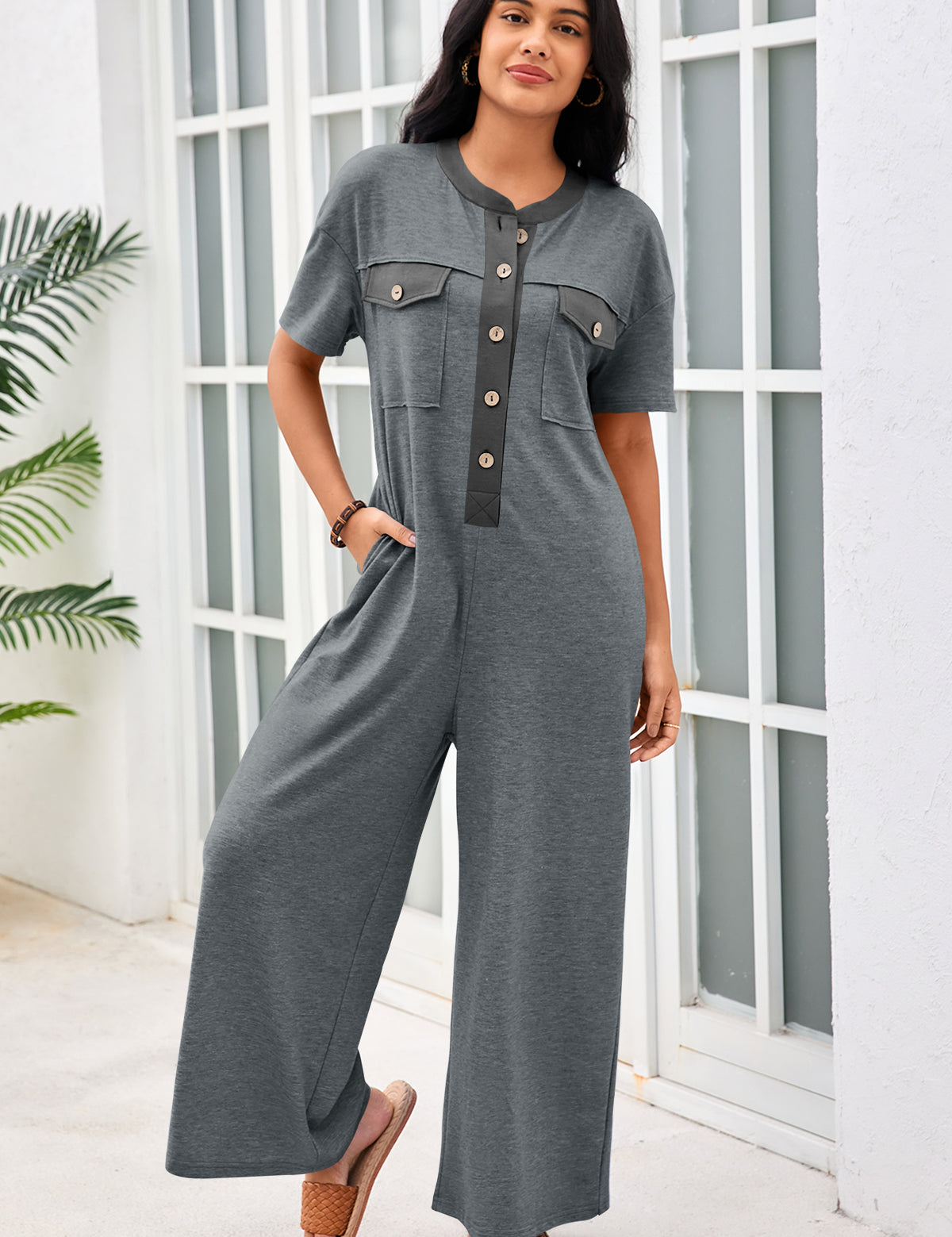 Womens Grey Casual Wide Leg Jumpsuit with Pockets Fisoew - Fisoew