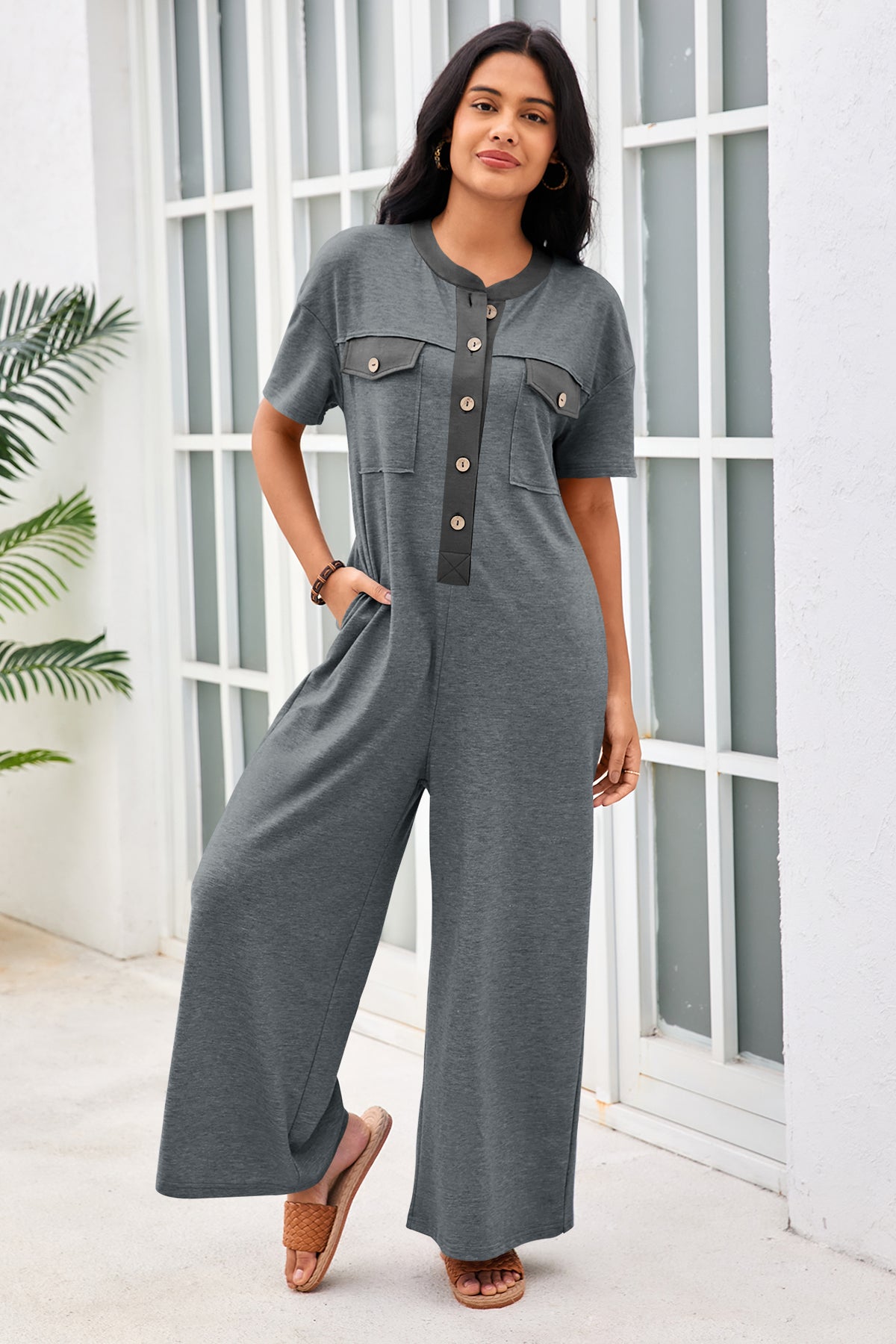 Womens Grey Casual Wide Leg Jumpsuit with Pockets Fisoew - Fisoew