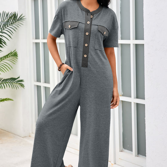 Womens Grey Casual Wide Leg Jumpsuit with Pockets Fisoew - Fisoew