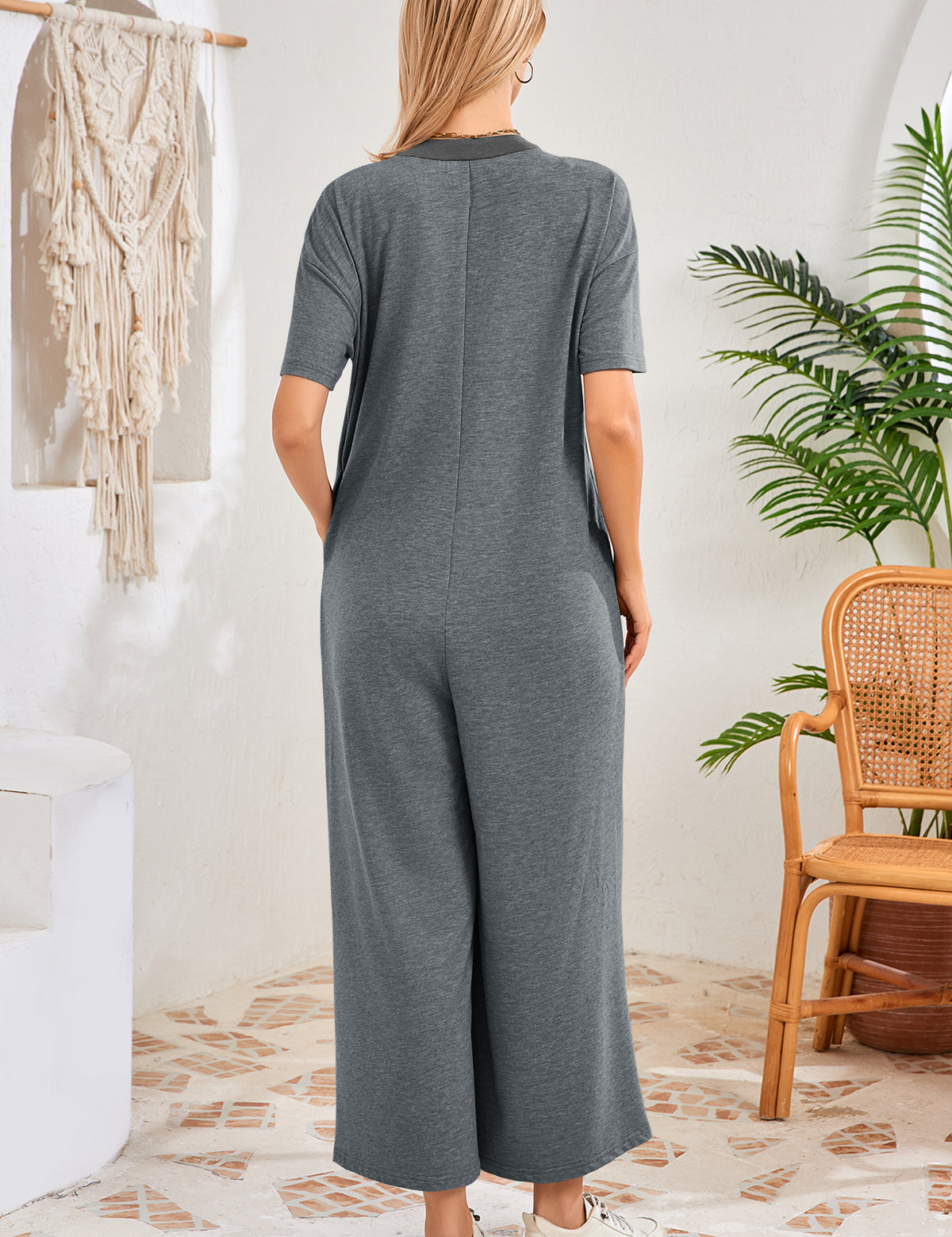 Womens Grey Casual Wide Leg Jumpsuit with Pockets Fisoew - Fisoew