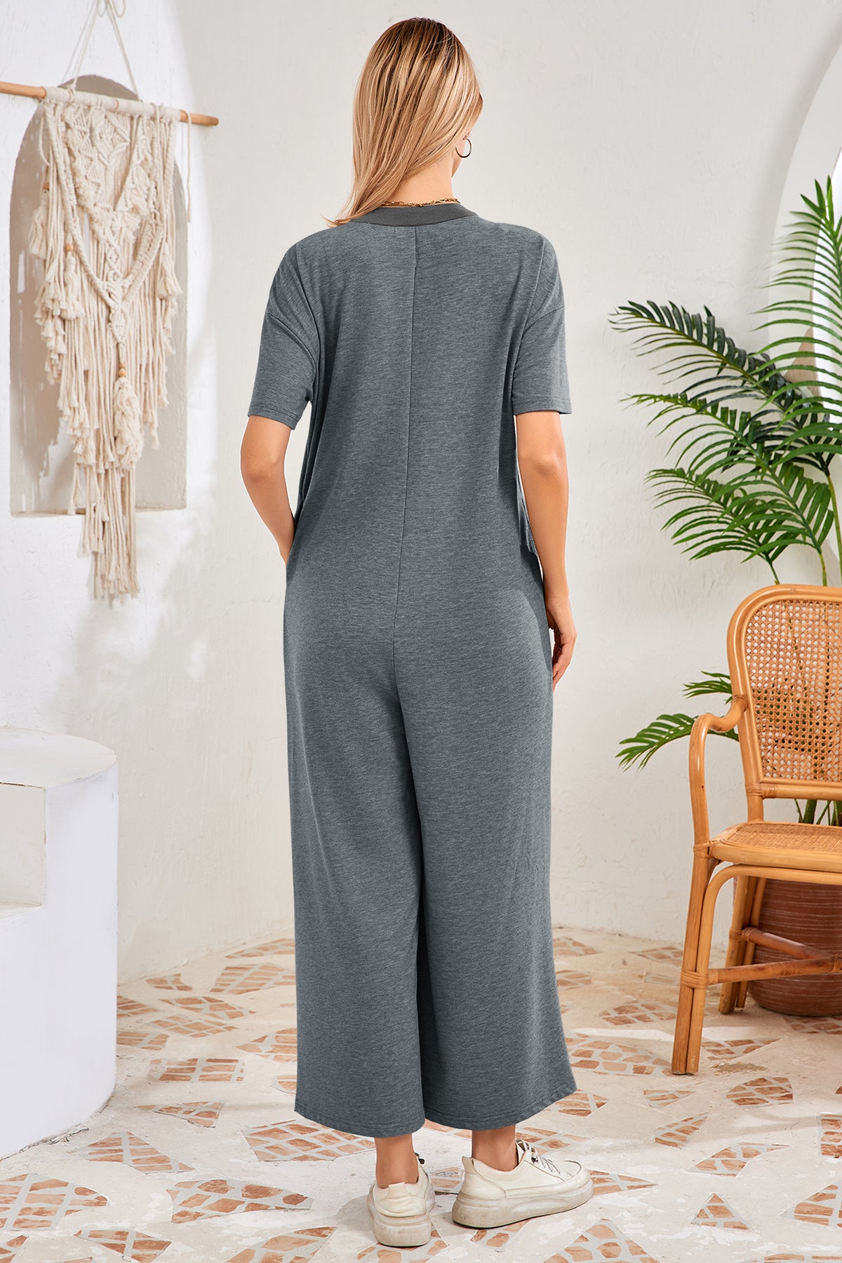 Womens Grey Casual Wide Leg Jumpsuit with Pockets Fisoew - Fisoew