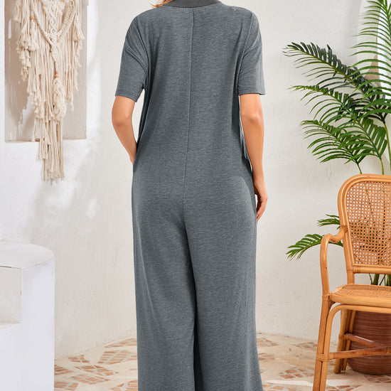 Womens Grey Casual Wide Leg Jumpsuit with Pockets Fisoew - Fisoew