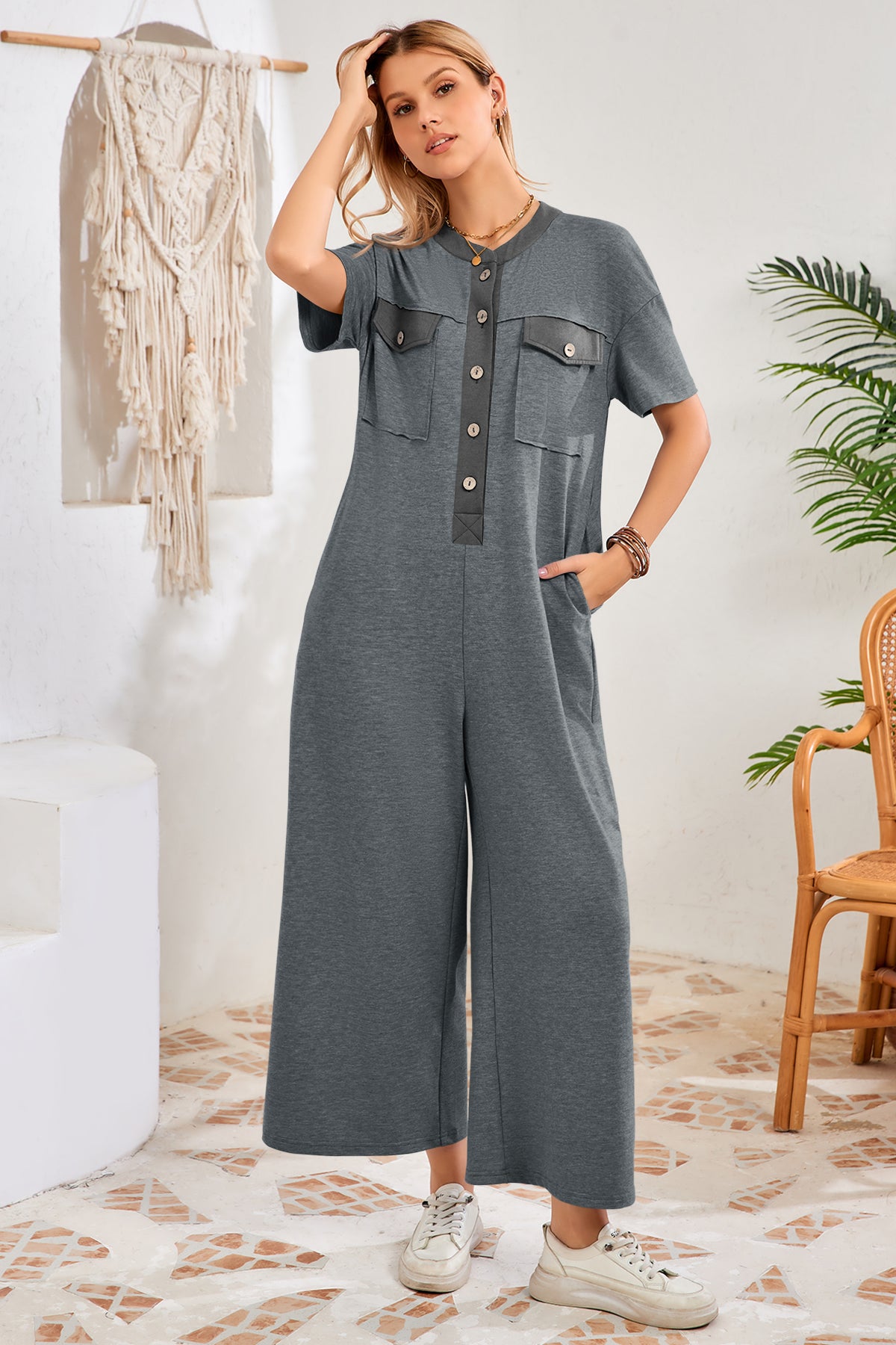Womens Grey Casual Wide Leg Jumpsuit with Pockets Fisoew - Fisoew