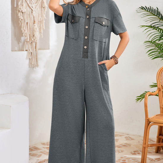 Womens Grey Casual Wide Leg Jumpsuit with Pockets Fisoew - Fisoew