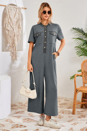 Womens Grey Casual Wide Leg Jumpsuit with Pockets Fisoew - Fisoew