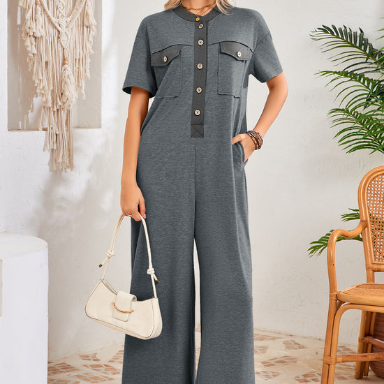 Womens Grey Casual Wide Leg Jumpsuit with Pockets Fisoew - Fisoew