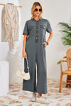 Womens Grey Casual Wide Leg Jumpsuit with Pockets Fisoew - Fisoew