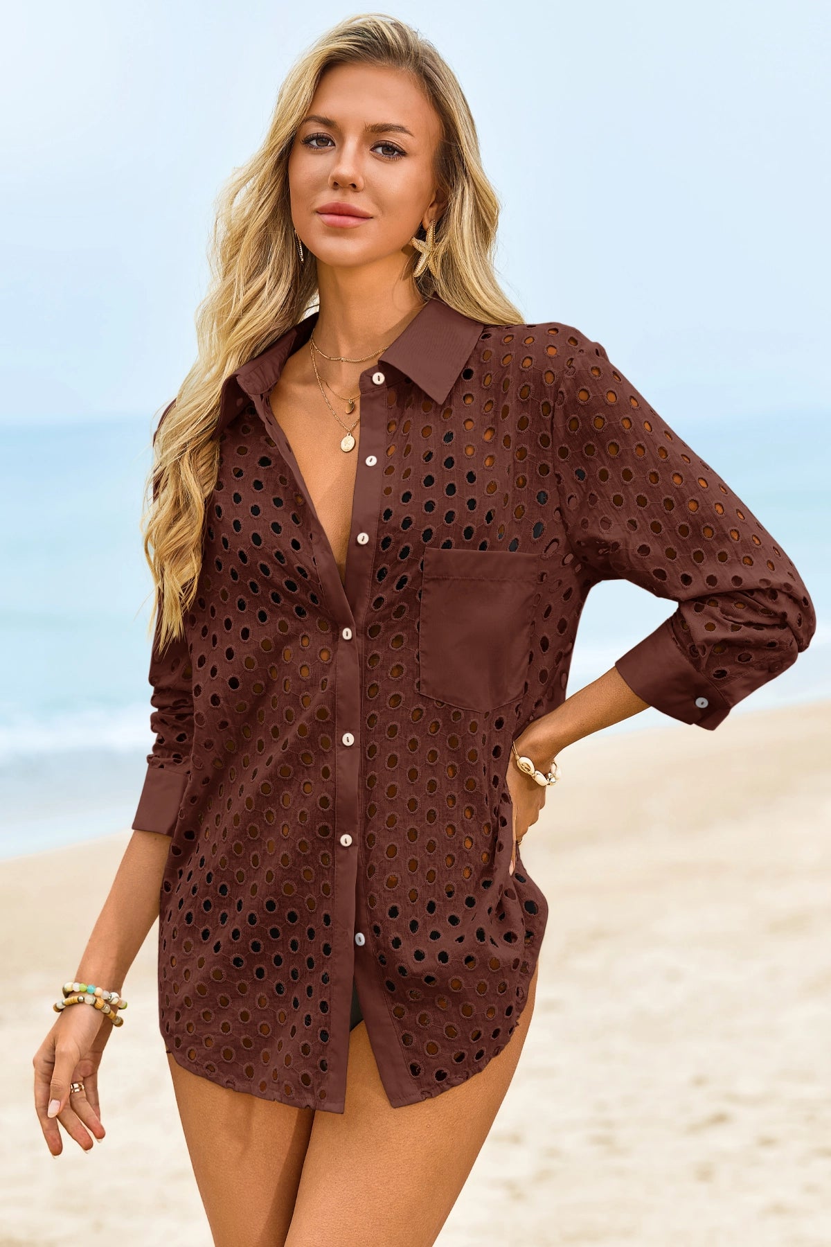 Womens Coffee Hollow Out Swimsuit Fisoew - Fisoew