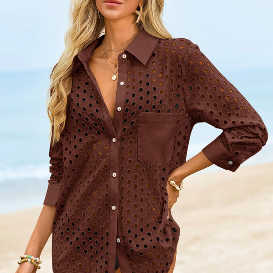 Womens Coffee Hollow Out Swimsuit Fisoew - Fisoew
