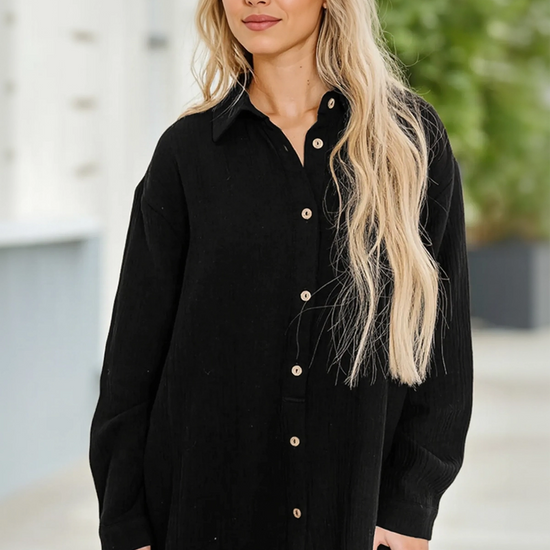 Womens Black Casual Button Down Long Sleeve Jumpsuit Fisoew - Fisoew