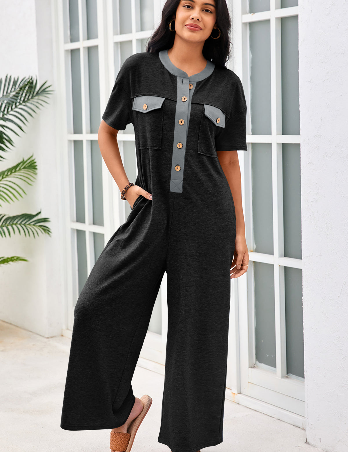 Womens Black Casual Wide Leg Jumpsuit with Pockets Fisoew - Fisoew