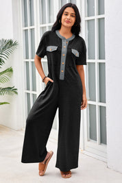 Womens Black Casual Wide Leg Jumpsuit with Pockets Fisoew - Fisoew