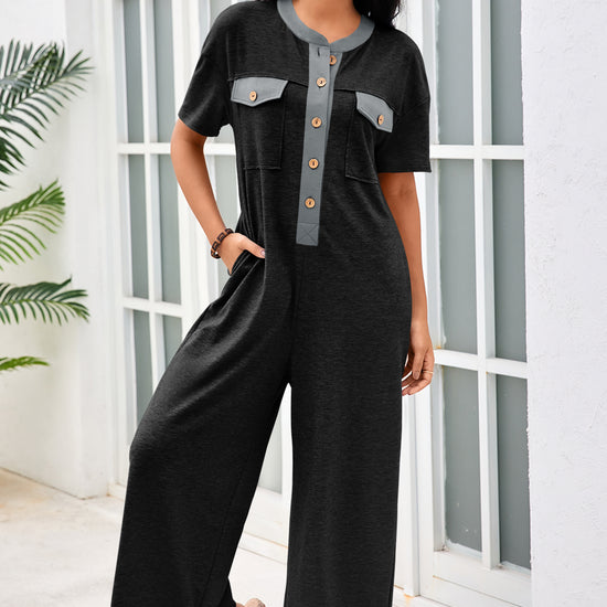 Womens Black Casual Wide Leg Jumpsuit with Pockets Fisoew - Fisoew