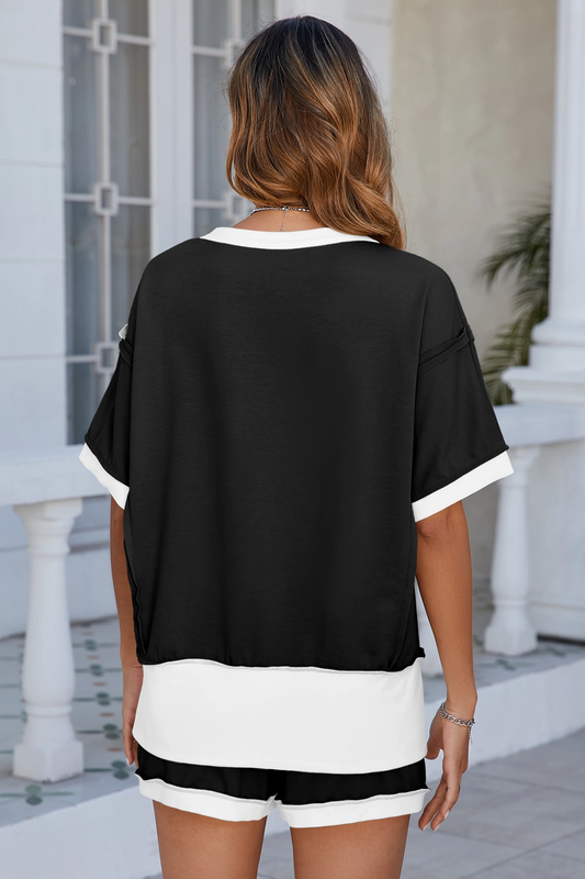 Womens Black Color Block Lounge Short Set  Fisoew - Fisoew
